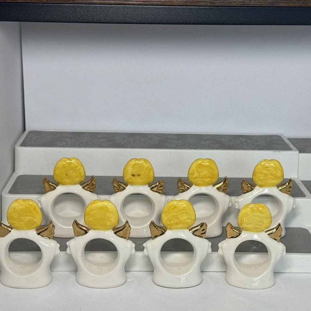 VTG Ceramic‎ Set 8 Standing Angel Napkin Holders Rings White Christmas Dinner